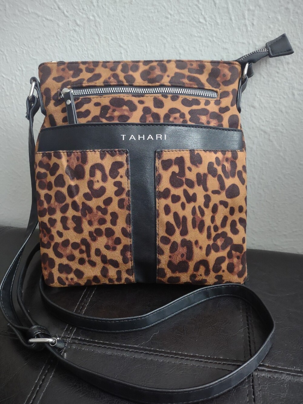 Tahari Leopard Print Faux Suede Crossbody Bag